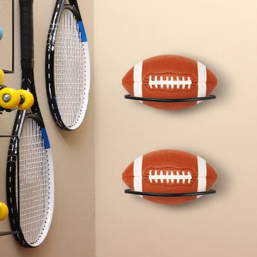 Vista 2 de MyGift Estante de exhibición de fútbol para montaje en pared, madera rústica y soporte industrial de metal negro para pelotas deportivas, decoración