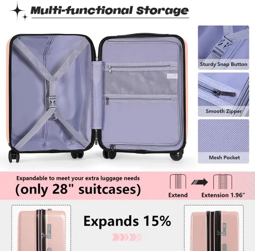 Vista 5 de AnyZip Maletas de equipaje con ruedas giratorias PC+ABS Hardshell TSA Lock, Rosado