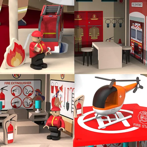 Vista 4 de Juego de estación de bomberos de madera, casa de muñecas con accesorios