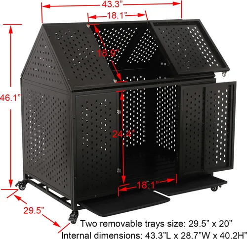 Vista 6 de Jaula para perros resistente de 44 pulgadas con ruedas, perrera indestructible a prueba de escapes con pestillo de bloqueo y puerta doble, jaula