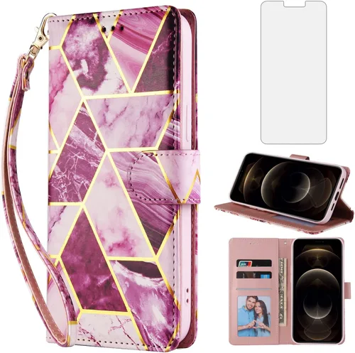 Vista 9 de Funda compatible con iPhone 12 Pro Max 6.7 y protector de pantalla de vidrio templado, funda de cuero con tapa para iPhone 12promax 5G i 12s Plus