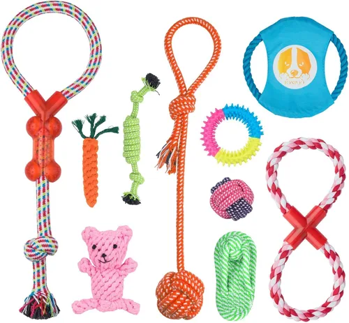 Vista 7 de Juguetes masticables para perros pequeños a medianos – Paquete de 10 juguetes resistentes para perros, juguete interactivo de dentición de cuerda