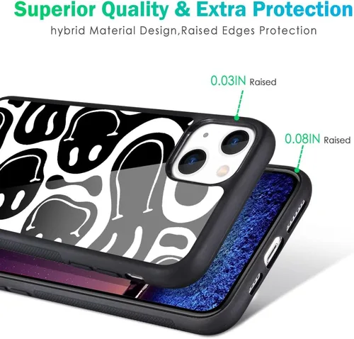 Vista 4 de Funda compatible con iPhone 13 para niños y mujeres, diseño divertido de cara, parte trasera dura con negro, divertido y lindo patrón de arte