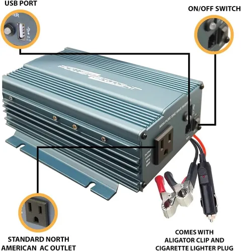 Vista 2 de PowerBright Inversor de corriente de onda sinusoidal pura de 300 W, inversor de automóvil CC de 24 V a 120 V CA con salida de CA de 120 voltios