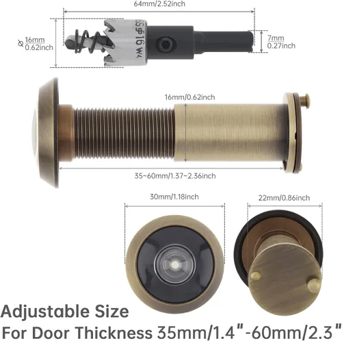 Vista 2 de Mirilla para Puerta, Latón Macizo con Mirilla de 200 Grados con Broca de 16 MM para Puertas de 1-1/2" a 2-3/8", Visor de Puerta con Diámetro de Tubo