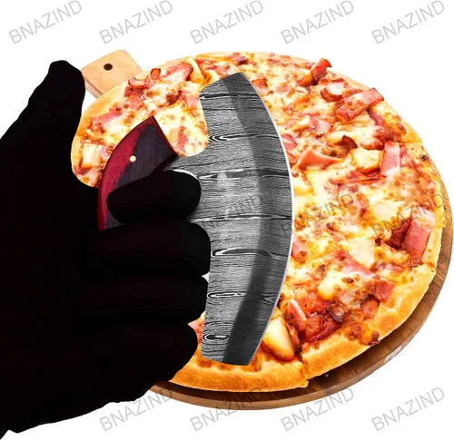 Vista 3 de Damascus Alaskan Ulu Cuchillo cortador de pizza Cuchillo balancín - Cuchillos de Damasco multiusos para desollar, cazar, cuchillo de cortar