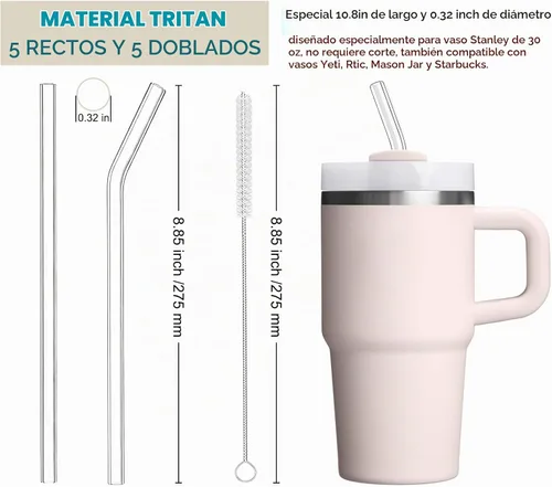 Vista 2 de ALINK Paquete de 10 popotes reutilizables transparentes para jarra Stanley de 20 oz y 14 oz, popotes de plástico duro Tritan para Yeti Rtic de 30