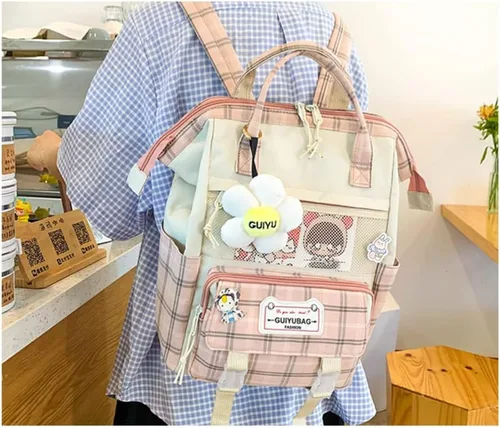 Vista 2 de Mochila japonesa linda para mujer, 5 unidades, diseño a cuadros, diseño de dibujos animados, bolsa de viaje, suministros de regreso a clases, bolsa