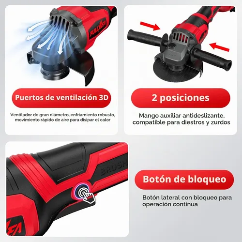 Vista 5 de FULLYEA Amoladora angular inalámbrica de 4-1/2 pulgadas, motor sin escobillas de 12000 RPM, amoladora eléctrica de herramientas de potencia con 2