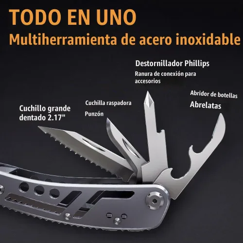Vista 6 de Multiherramienta 24 en 1 con cuchillo, alicates y 11 puntas de acero inoxidable afilado, multiherramienta para hombres, equipo ideal