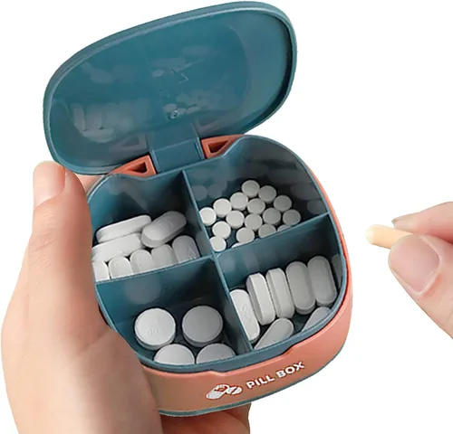 Vista 6 de Pastillero de 4 compartimentos para bolso, organizador portátil de medicamentos, organizador diario de vitaminas, estuche pequeño para pastillas