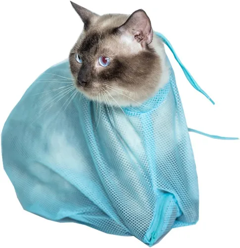 Vista 3 de Bolsas de malla de ducha de lavado de gatos de poliéster multifuncional ajustable Bolsas de corte de uñas para mascotas (azul)