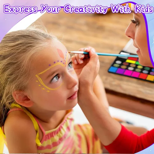Vista 6 de Kit de pintura facial de 42 colores para niños, kit de paleta de pintura facial de agua no tóxica profesional con pinceles, plantillas, gemas