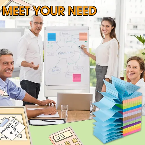 Vista 5 de 14 blocs de notas adhesivas desplegables, 1400 notas adhesivas forradas de 3 x 3 pulgadas, bloc de notas autoadhesivas con líneas, multicolor
