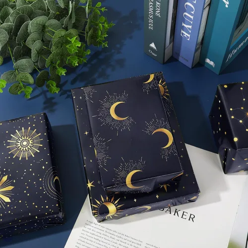 Vista 5 de 12 hojas de papel de regalo de galaxia, cielo nocturno negro, envoltura de regalo a granel, luna, estrella, papel decorativo de arte