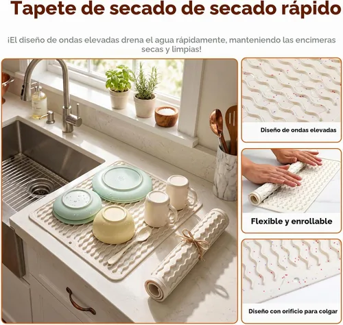 Vista 3 de CAKETIME Paquete de 2 tapetes de secado de platos de silicona multicolor para encimera de cocina, comedor, manteles individuales resistentes al