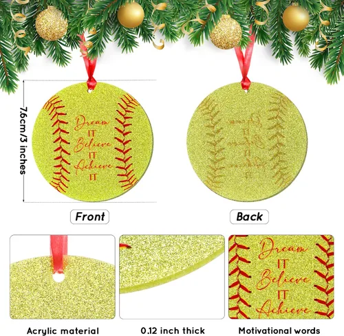 Vista 2 de Roowest 12 adornos para árbol de Navidad de sóftbol 2024, personalizados, redondos, brillantes, acrílico, para colgar en el árbol de Navidad, regalo