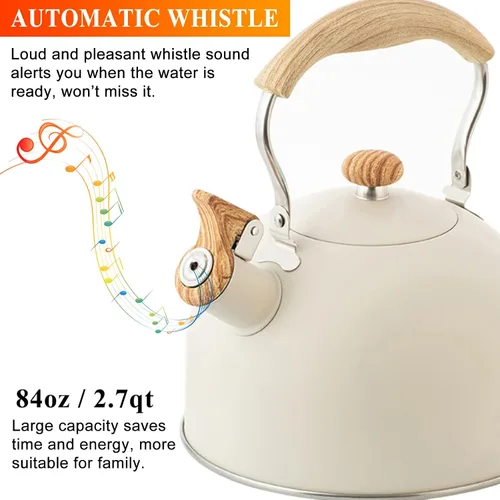 Vista 5 de Vilihkc Hervidor de té de 2.6 litros, tetera para estufa, acero inoxidable de grado alimenticio con mango plegable con patrón de madera, silbato