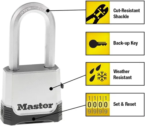 Vista 2 de Master Lock Candado de combinación al aire libre plateado, Candado resistente a la intemperie de servicio pesado con código restablecible y grillete