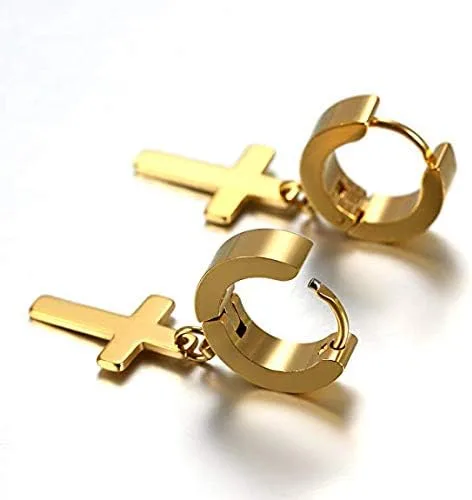 Vista 5 de YZstyle Stainless Steel Cross Dangle Huggie Hinged Hoop Earrings for Men Women BlackSilverGold