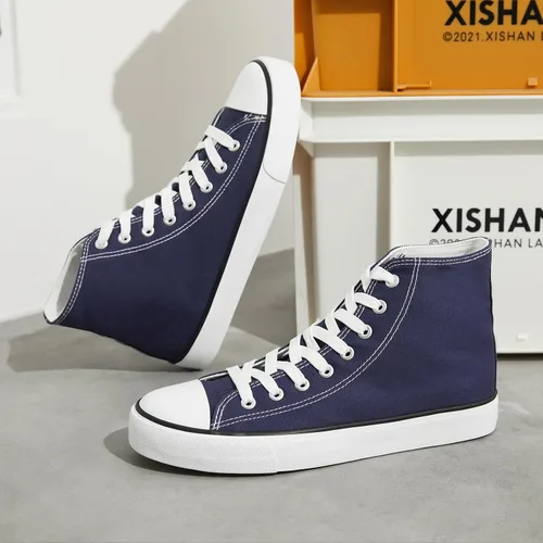 Vista 5 de Zapatillas de lona altas para hombre, zapatos de lona casuales con cordones para hombre, zapatos de lona de moda blanca y negra para caminar