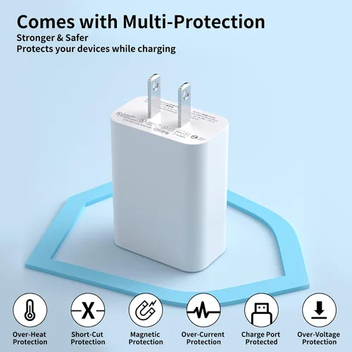Vista 5 de Jiunai Cargador de pared USB C para iPhone 17 Pro 16 15 Pixel 10 9, bloque de carga enchufable de 18 W, cable USB C de 3.3 pies, suministro