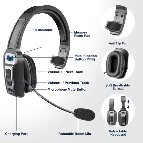 Vista 2 de Sarevile Auriculares Bluetooth Trucker, V5.2 inalámbricos con micrófono mejorado con cancelación de ruido AI, auriculares Bluetooth con silencio