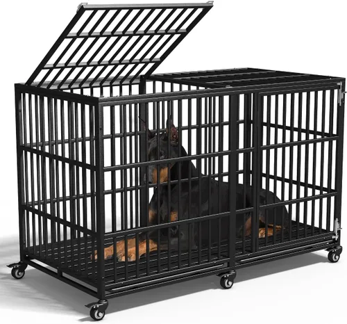 Vista 9 de Jaula de perro de 54 pulgadas resistente e indestructible con alfombrilla, jaula canina con ruedas bloqueables a prueba de fugas, puerta doble