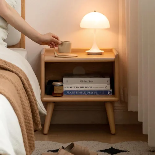 Vista 6 de Mesita de noche pequeña, mesa de noche 100% madera de roble macizo, mesita de noche moderna de mediados de siglo con almacenamiento abierto, armario
