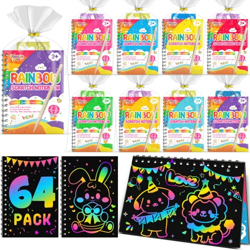 Vista 17 de Recuerdos de fiesta para niños: paquete de 4 cuadernos de arte de rascar arcoíris para estudiantes, regalos a granel para aula para niñas y niños