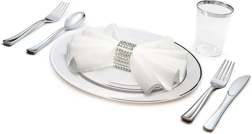 Vista 13 de Occasions" - Juego de vajilla de 180 piezas/20 invitados, platos de plástico desechables para boda, vasos de borde plateado y servilletas de tacto