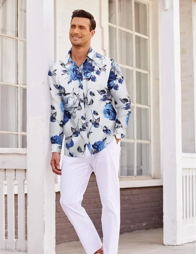 Vista 3 de Coofandy Camisa de vestir con ajuste muscular, para hombre, sin arrugas, manga larga, con botones