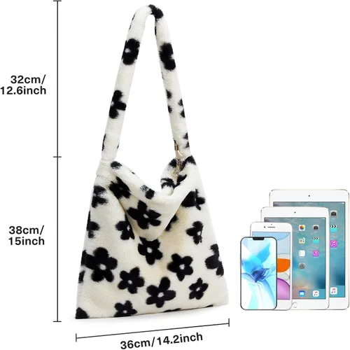 Vista 2 de Bolso de mano peludo y esponjoso, bolso grande y mullido, lindo bolso de felpa con cremallera para mujeres y niñas, bolso de hombro de piel