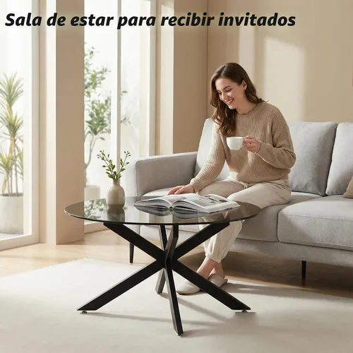 Vista 5 de Mesas de centro de cristal redondas y negras para sala de estar, oficina en casa, mesa central moderna y simple con parte superior de vidrio
