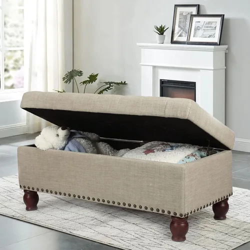 Vista 6 de DecentHome - Banco otomano reposapiés rectangular para almacenamiento, con patas de madera maciza, Tela, Beige