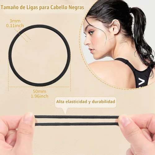 Vista 3 de 150 ligas negras para cabello grueso y rizado, bandas para el cabello a granel, soportes para cola de caballo, elásticos para el cabello