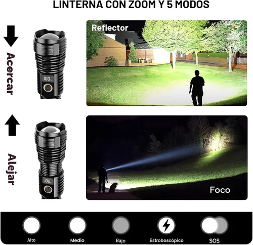 Vista 2 de Linternas recargables de alto lúmenes, 10000 lm LED súper brillante, linternas con zoom con pantalla digital LCD, 5 modos, impermeable, potente