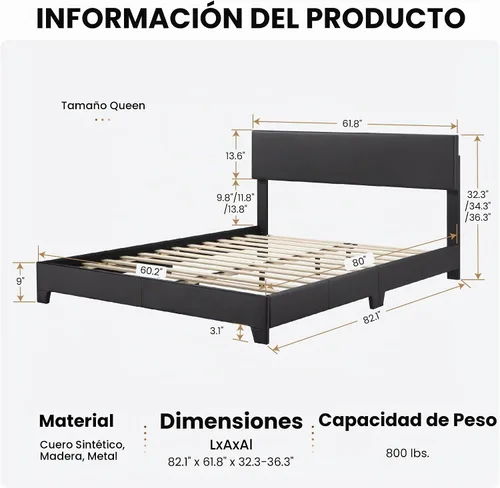 Vista 7 de SHA CERLIN Base de cama tapizada de plataforma negra tamaño Queen con cabecera ajustable de 3 niveles de altura, soporte de listones de madera,