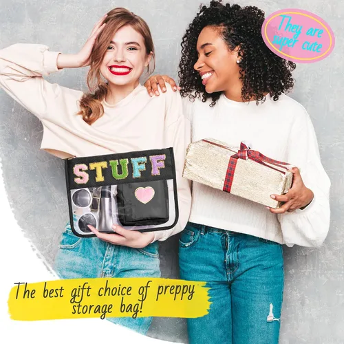 Vista 6 de Bolsa con letras de chenilla para viajes, B - Negro, Bolsa de maquillaje transparente B