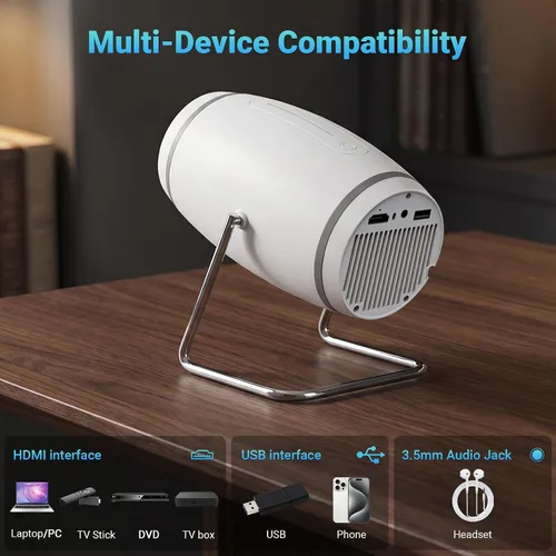 Vista 6 de 【Aplicaciones integradas】Mini proyector con WiFi y Bluetooth, proyector portátil de soporte 1080P 4K, proyector de películas para dormitorio Blanco