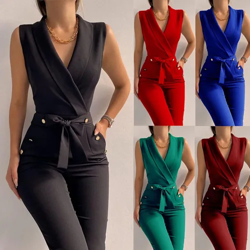 Vista 3 de Conjunto de trajes elegantes para mujer, con cuello en V, sin mangas, con cinturón recto, pantalones largos, con bolsillos