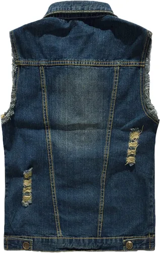Vista 4 de Chaleco de mezclilla sin mangas para hombre, casual, ajustado, rasgado, clásico, con botones