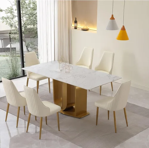 Vista 6 de Juego de mesa de comedor moderno de 71 pulgadas para 6, mesa de cocina rectangular con 6 sillas de comedor tapizadas, juego de mesa de comedor