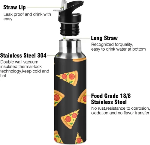 Vista 3 de Stainless Steel Vacuum Insulated Water Bottle 32 Oz, Leakproof Water Bottles for Gym Outdoor Travel School, Cartoon Slices Pizza Black