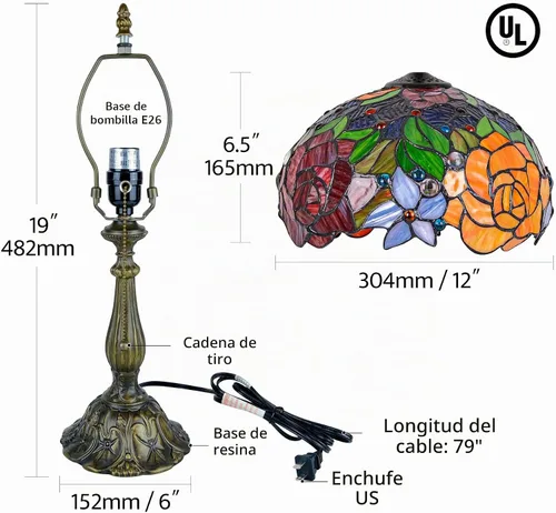 Vista 9 de Tiffany Style Stained Glass Table Lamp, Floral Pattern Desk Light with Antique Bronze Resin Base, Red Roses Decorative Lighting for Bedroom, Living