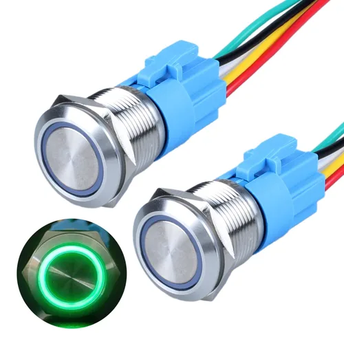 Vista 19 de 2 interruptores de botón de bloqueo de 0.748 in de 12 V-24 V, anillo de CC LED 1NO 1NC impermeable botón de metal negro encendido apagado