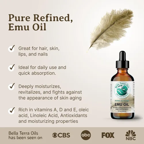 Vista 3 de Bella Terra Oils - Aceite de emú 4 oz - Emu australiano puro genuino, infundido con ácido linoleico y oleico, compañero perfecto para una piel