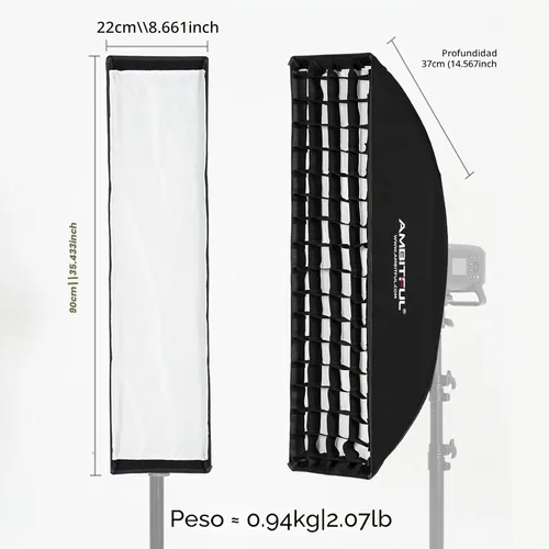 Vista 2 de AMBITFUL FW22x90 - Caja de luz rectangular de 8.7 x 35.4 in/9 x 35 pulgadas con rejilla de nido de abeja, caja de luz rectangular para flash