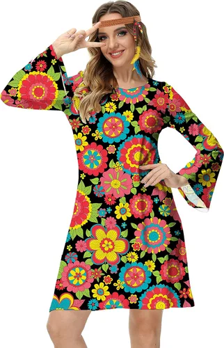 Vista 3 de Deerose Disfraz hippie de los años 70 para mujer, vestido retro Go Go Groovy