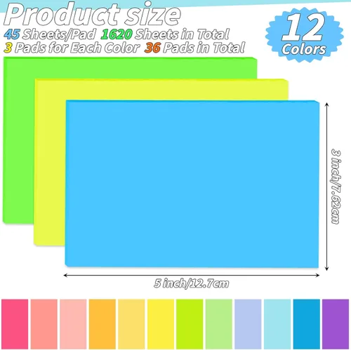 Vista 2 de 36 blocs de notas adhesivas de 3 x 5 pulgadas, 12 colores autoadhesivos, multicolor, bloc de notas rectangulares brillantes y coloridas